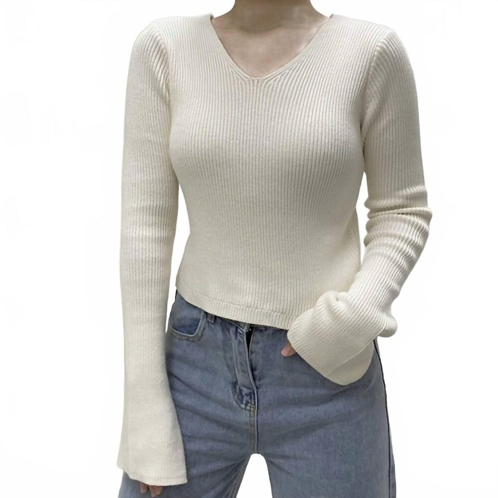 NEW ANOTHER LOVE lacey ribbed v-neck sweater in ivory